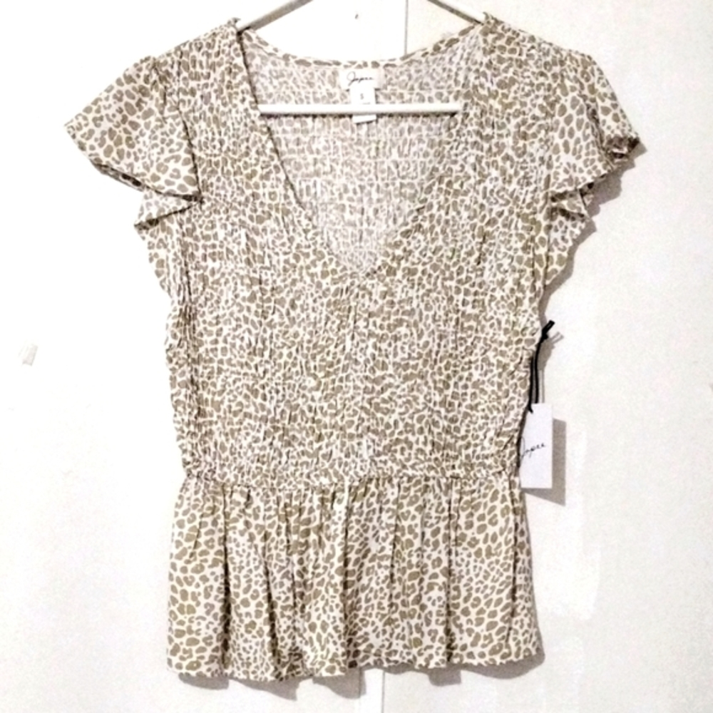 NWTs JAPNA Leopard Print Smocked Flutter Sleeve Blouse